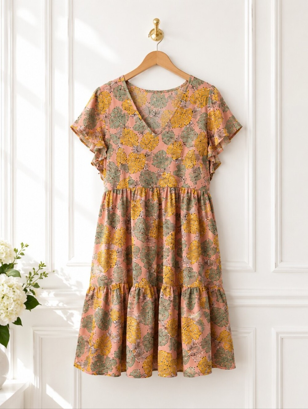SHEIN Curve Floral Babydoll Sundress | Pink Flutter Sleeve Mini Dress | Size 1XL - Picture 5 of 8